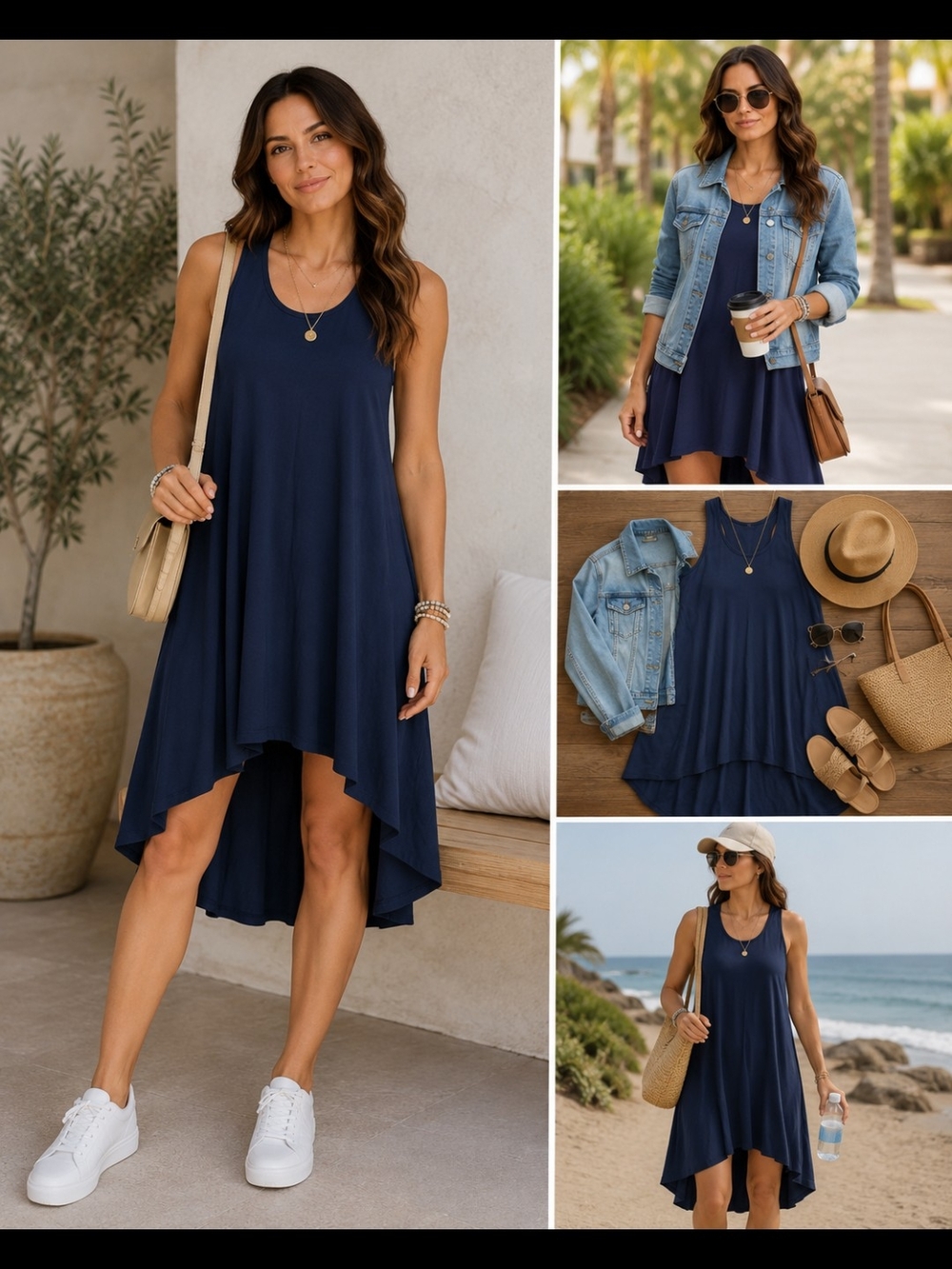 HALARA Navy High-Low Sleeveless Swing Dress